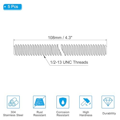 1/2"-13 UNC 304 Stainless Steel Fully Threaded Rod, 5Pcs x 4.3" Long view 2
