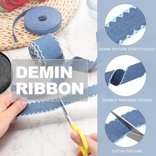 1.5" Denim Ribbon, 2 Yard Layering Jean Fabric Craft Blue, Craft Wavy view 3