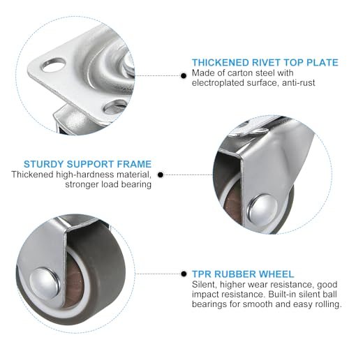 1" Mini Swivel Caster Wheels, 4Pcs Chrome-Plated Top Plate TPR Silent view 3