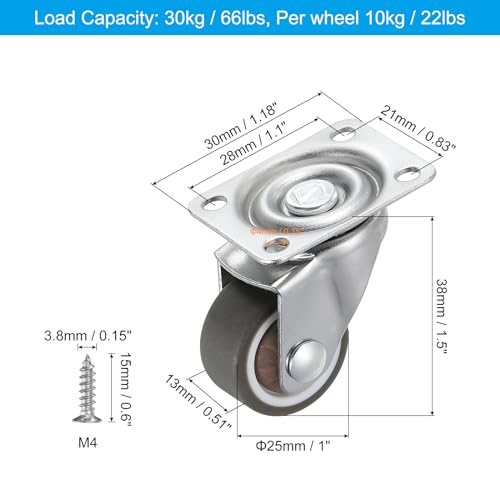 1" Mini Swivel Caster Wheels, 4Pcs Chrome-Plated Top Plate TPR Silent view 2