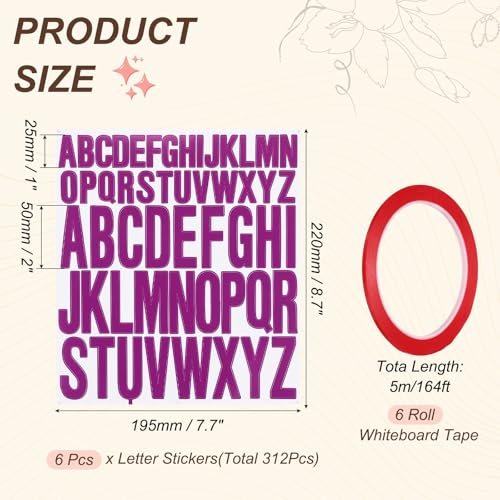 2+1" Letter Stickers w/ 6Roll 1/8" 164ft Whiteboard Tape, Self Adhesive view 2