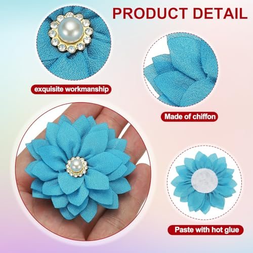 2.36in Rhinestone Chiffon Flower, 12pcs Fabric Flower, Lake Blue view 3