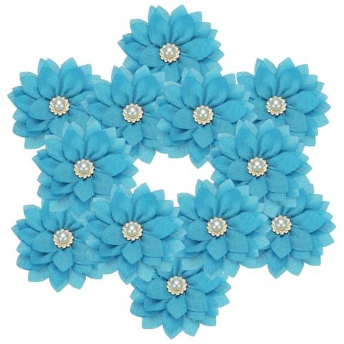 2.36in Rhinestone Chiffon Flower, 12pcs Fabric Flower, Lake Blue — PATIKIL