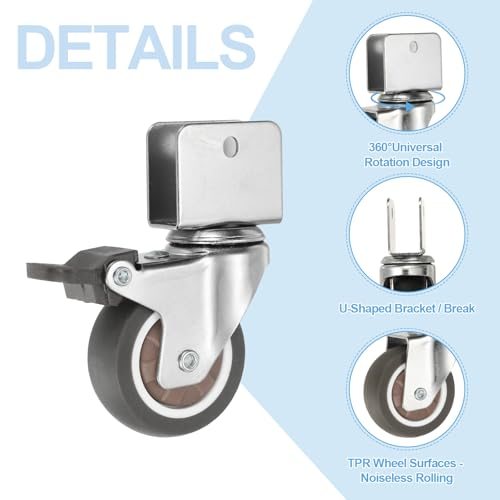 2" Caster Wheel Swivel Caster w/ Break 0.6" U Bracket Opening 4Pcs, 55 Lb view 3
