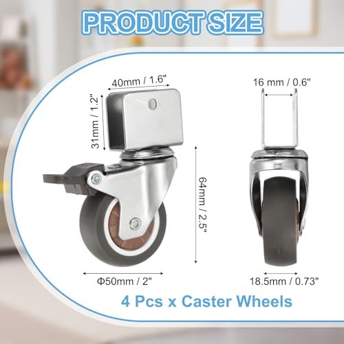 2" Caster Wheel Swivel Caster w/ Break 0.6" U Bracket Opening 4Pcs, 55 Lb view 2