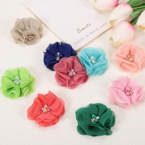2 Inch Chiffon Flowers, 12 Pcs Rhinestone Pearl Sewing Fabric Flowers view 3