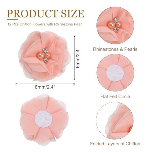 2 Inch Chiffon Flowers, 12 Pcs Rhinestone Pearl Sewing Fabric Flowers view 2