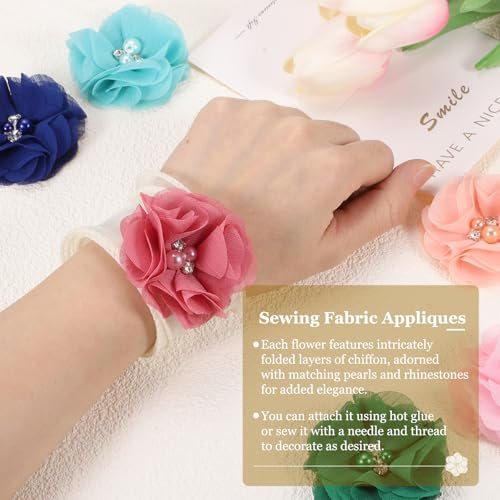 2 Inch Chiffon Flowers, 12 Pcs Rhinestone Pearl Sewing Fabric Flowers view 4