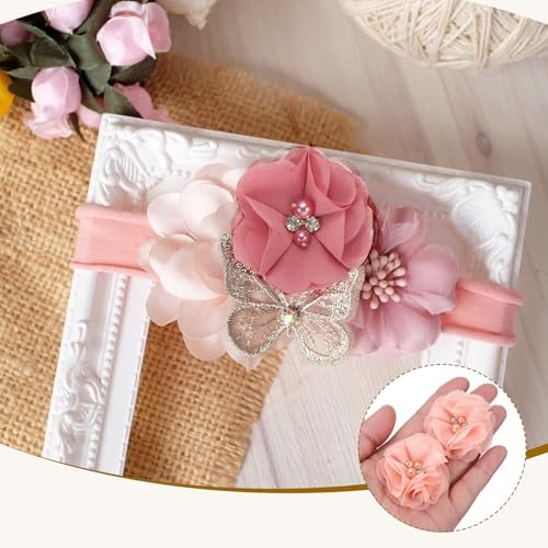 2 Inch Chiffon Flowers, 12 Pcs Rhinestone Pearl Sewing Fabric Flowers view 5