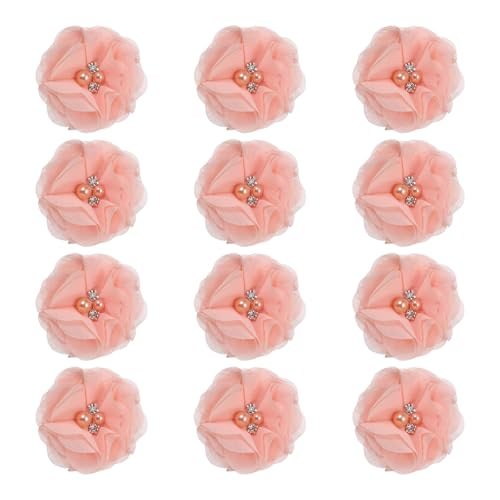 2 Inch Chiffon Flowers, 12 Pcs Rhinestone Pearl Sewing Fabric Flowers — PATIKIL