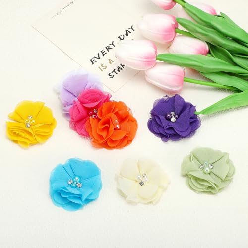 2 Inch Chiffon Flowers, 30 Pcs Rhinestone Pearl Sewing Fabric Flowers view 3