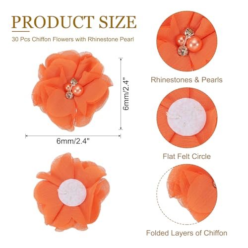 2 Inch Chiffon Flowers, 30 Pcs Rhinestone Pearl Sewing Fabric Flowers view 2