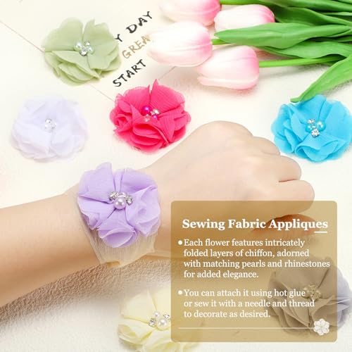 2 Inch Chiffon Flowers, 30 Pcs Rhinestone Pearl Sewing Fabric Flowers view 4