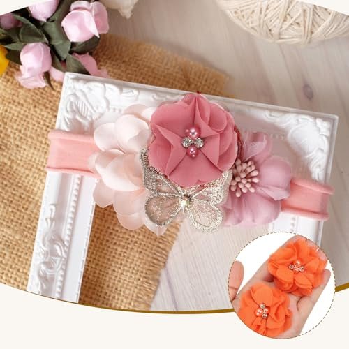 2 Inch Chiffon Flowers, 30 Pcs Rhinestone Pearl Sewing Fabric Flowers view 5