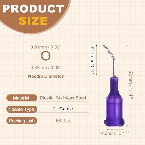 21Ga Angled Dispensing Needles 66Pcs 0.5" w/Luer Lock Needle Purple view 2
