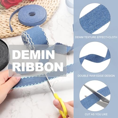 3/5" Denim Ribbon, 2 Roll Total 11 Yard Jean Fabric, Dark Blue view 3