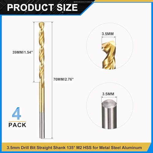 3.5mm Drill Bit Jobber Straight Shank M2 TiN Coated 4Pcs view 2