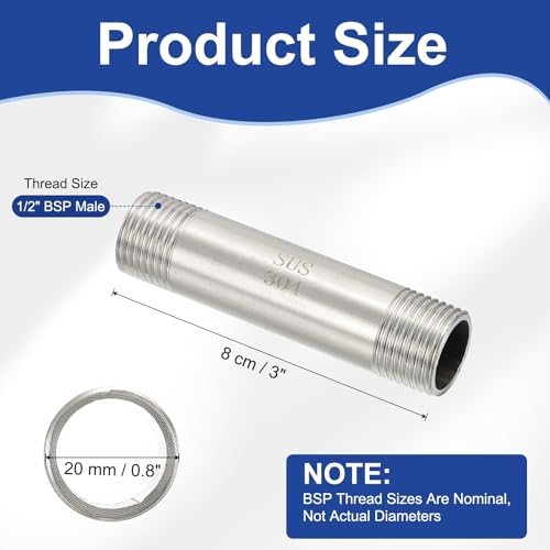 304 Stainless Steel Pipe Fitting 1/2" BSP Male x 1/2" BSP Male, 3" view 2
