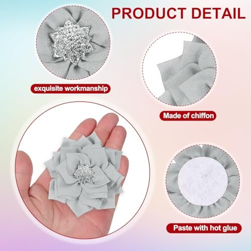 3in Chiffon Flowers, 5 Pcs Fabric Large Lotus, Silver view 3