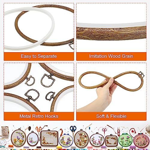 4 Pieces Embroidery Hoops Set Imitated Wood Frame Circle Oval Rectangular view 4