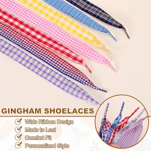 47.2 Inch Gingham Shoelaces, 1 Inch Wide Coffee Check, Ribbon Shoe Laces view 3