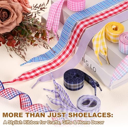 47.2 Inch Gingham Shoelaces, 1 Inch Wide Coffee Check, Ribbon Shoe Laces view 5