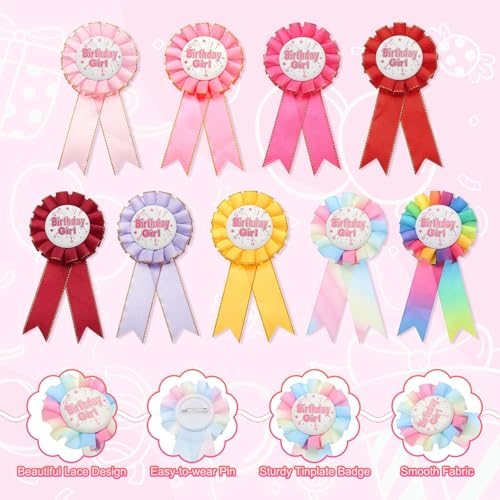 5.9x2.8" Award Ribbon Pin Fabric Birthday Girl Pin Light Rainbow view 3