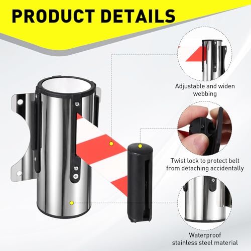 9.8FT Fixed Wall Mount Retractable Belt Barrier Set, Metal Safety Belt view 3