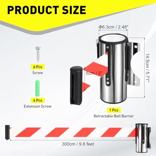 9.8FT Fixed Wall Mount Retractable Belt Barrier Set, Metal Safety Belt view 2