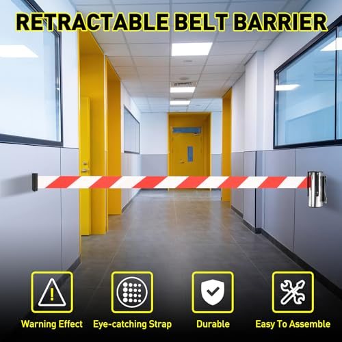 9.8FT Fixed Wall Mount Retractable Belt Barrier Set, Metal Safety Belt view 5