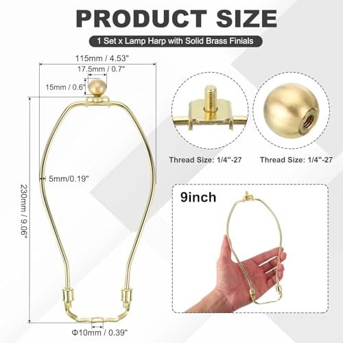 9" Lamp Harp Kit with 17.5mm Solid Brass Ball Finial, Gold 1Set, Bracket view 2