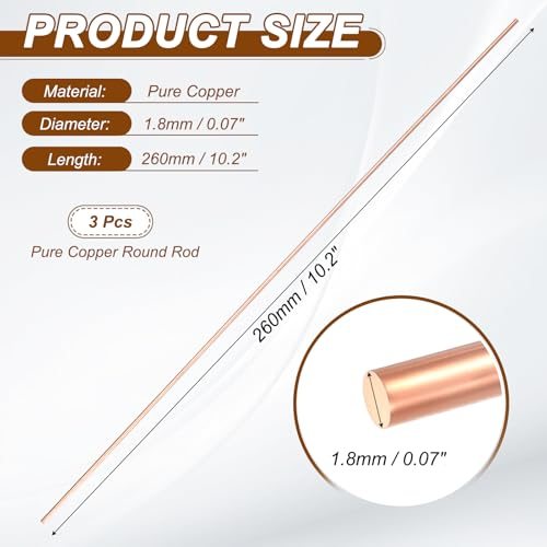 99.99% Pure Copper Round Rod 3 Pcs 1.8mm 0.07" Dia 10.2" Length view 2