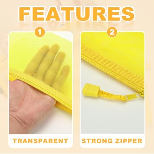 A4 Mesh Zipper Pouch Bags, 5 PCS Mesh Bags 34x24cm Yellow, Plastic view 3
