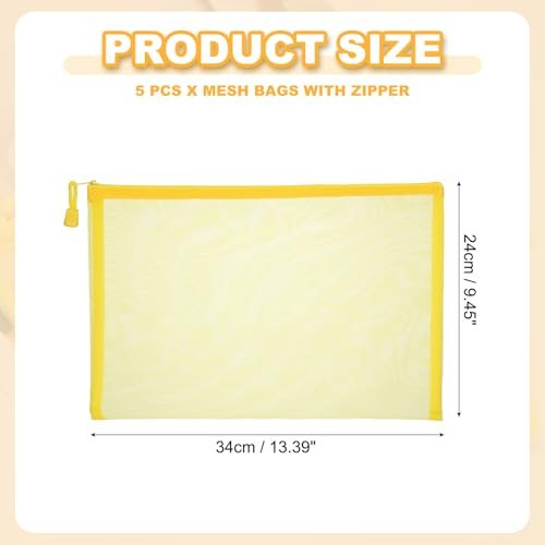 A4 Mesh Zipper Pouch Bags, 5 PCS Mesh Bags 34x24cm Yellow, Plastic view 2