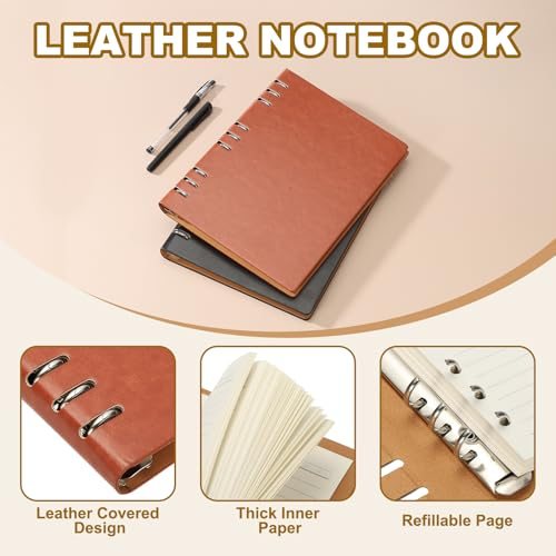 B5 Refillable Leather Notebook, 9 Ring Hardcover Binder Notebook 96 Sheets view 3