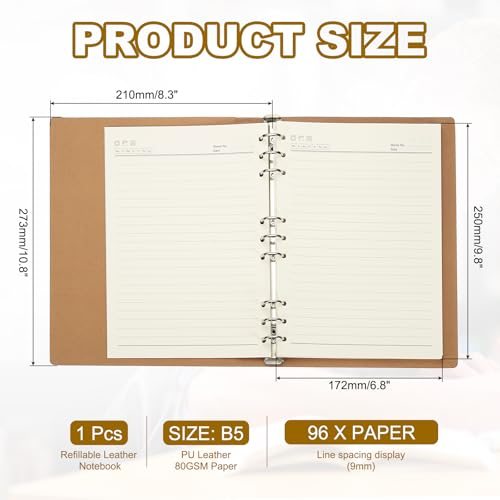 B5 Refillable Leather Notebook, 9 Ring Hardcover Binder Notebook 96 Sheets view 2