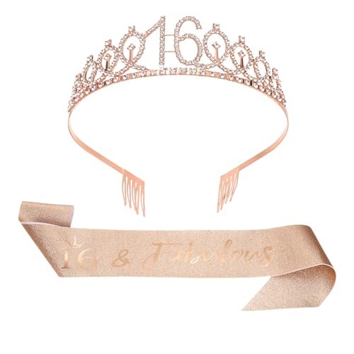 Birthday Crown and Sash 16th Birthday Sash Women Rhinestone Tiara — PATIKIL