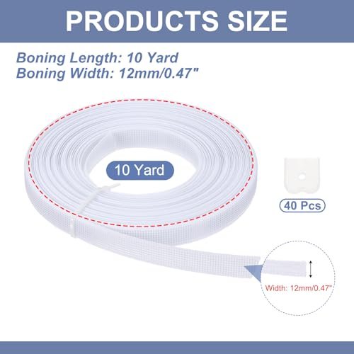 Boning for Sewing, 10 Yard 12mm Wide with 40 Pcs End Caps White view 2