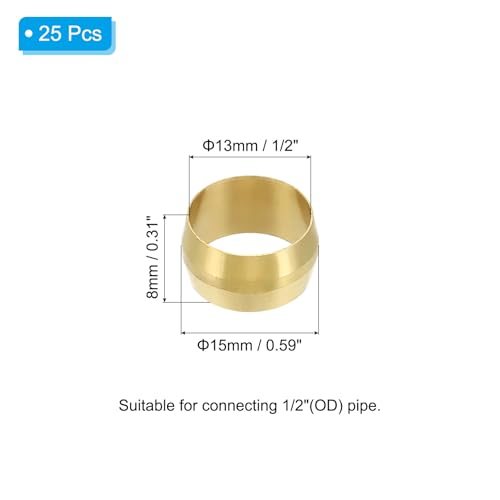 Brass 1/2 Inch OD Tube Compression Sleeves Ferrules, 25 Pack Brass view 2