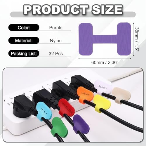 Cable Labels Tags 32Pcs 2.4" Write on Hook Loop Tie Purple, Rectangle view 2