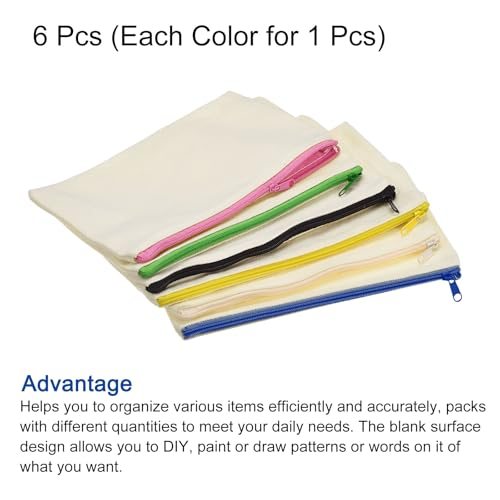 Canvas Zipper Pouch, 6 Pack Blank DIY Zip Bags Pencil Case Organizer view 3