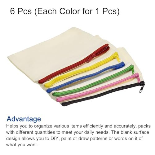 Canvas Zipper Pouch, 6 Pack Blank DIY Zip Bags Pencil Case Organizer view 3