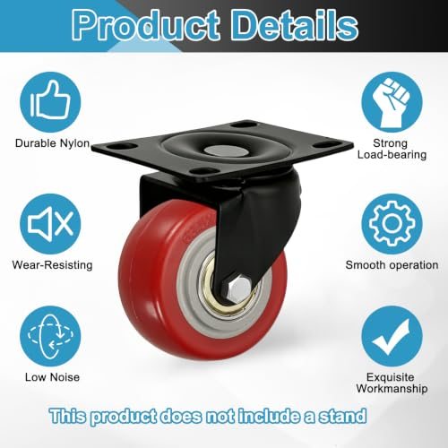 Caster Wheels Red 2.5" 2 Pack Heavy Duty Plate Caster PU Board, Casters view 3