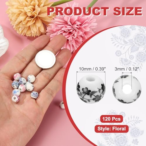 Ceramic Beads for Jewelry Making, 10mm Flower Black Floral, Round view 2