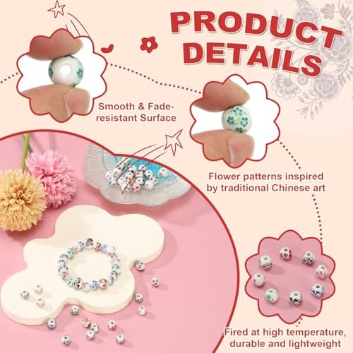 Ceramic Beads for Jewelry Making, 10mm Flower Green Floral, Round view 3