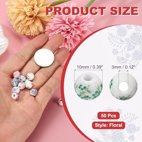 Ceramic Beads for Jewelry Making, 10mm Flower Green Floral, Round view 2