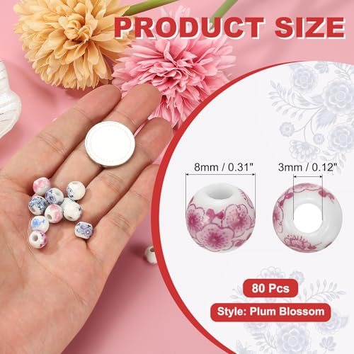Ceramic Beads for Jewelry Making 8mm Rose Red Plum Blossom 80Pcs, Flower view 2