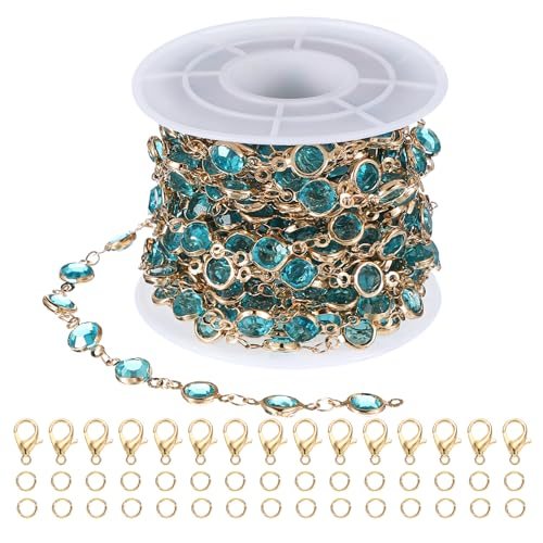 Copper Jewelry Chain, 16Ft 6mm Lake Blue Rhinestone Beads Link Cable — PATIKIL
