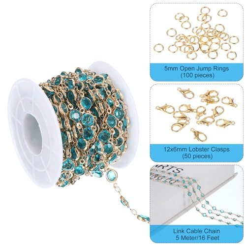 Copper Jewelry Chain, 16Ft 6mm Lake Blue Rhinestone Beads Link Cable view 2