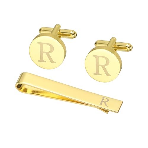 Cuff Links Mens Initial Gold Tie Clip and Cufflink Set Letter R — PATIKIL
